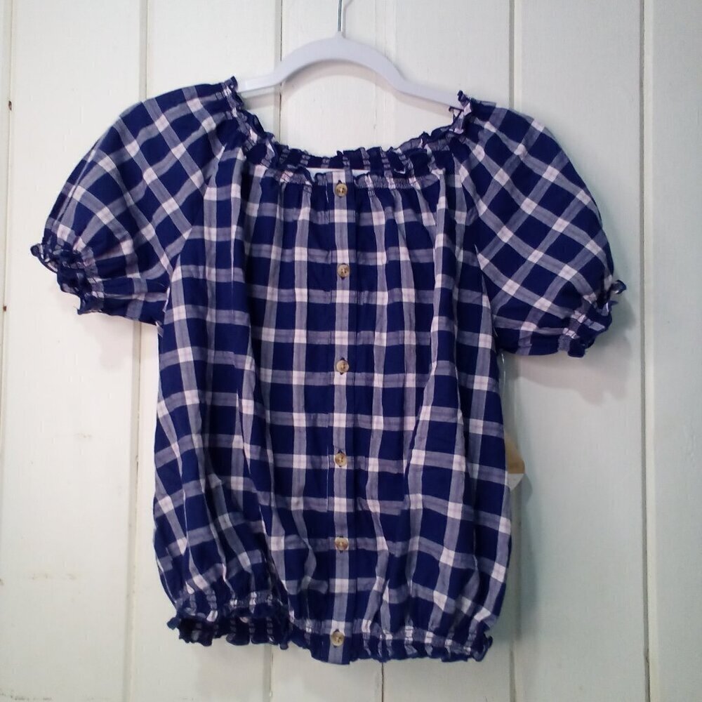 There Abouts Shirt Girls XL 16 Smock Short Sleeve Plaid Blue